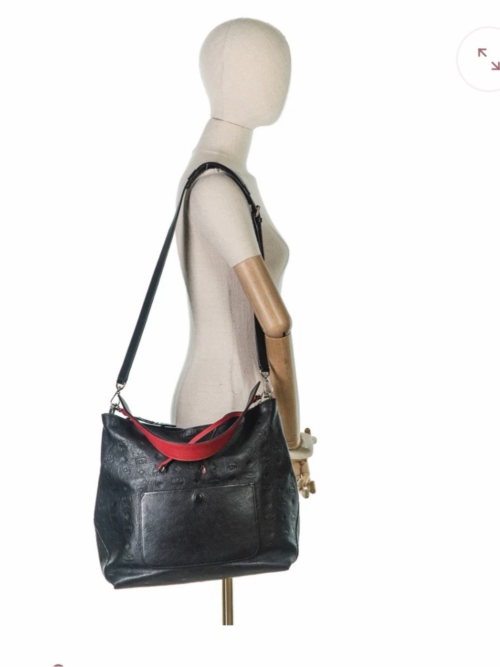 MCM Ottomar Klara Hobo Shoulder Leather Black Bag with Red Strap Trim